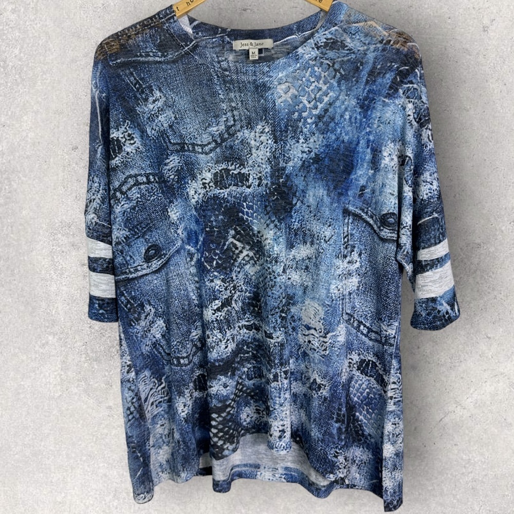 Jess & Jane Blue Tunic Top Womens Size Medium Lightweight Lagenlook Print Knit M